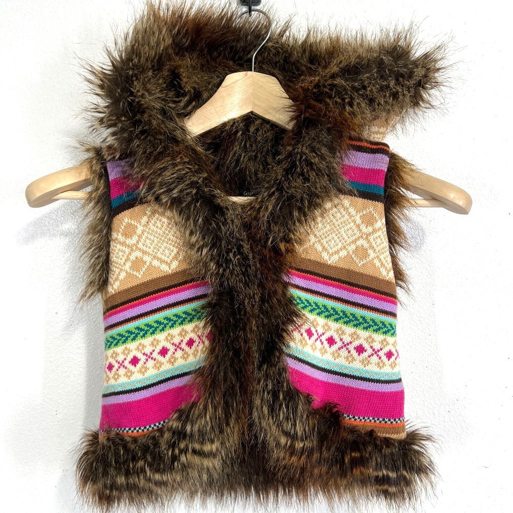 GapKids Medium Multi Color Knit sweater Vest Fux Fur lining & hoodie Tribal